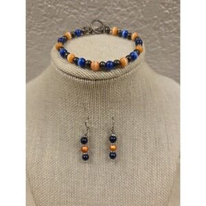 Vintage Sterling Silver Blue & Orange Cats Eye Bead Bracelet & Earrings
